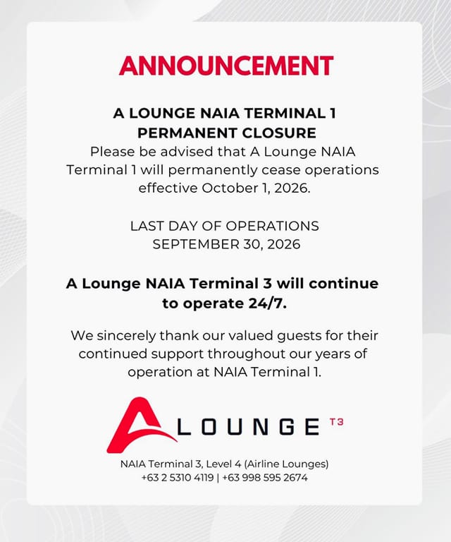 A Lounge's statement regarding the closure of their NAIA Terminal 1 post.